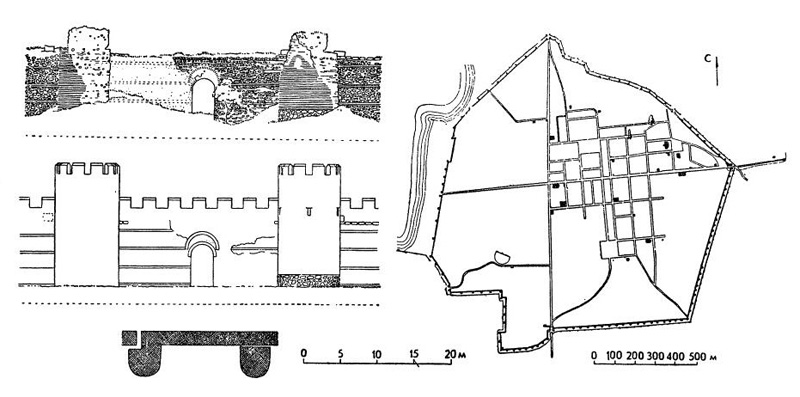 Никея в Малой Азии, античная и византийская эпохи: городские стены (план, фрагмент стены в современном состоянии; реконструкция первоначального вида части стены) и генеральный план города Никея в Малой Азии, античная и византийская эпохи: городские стены (план, фрагмент стены в современном состоянии; реконструкция первоначального вида части стены) и генеральный план города