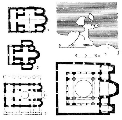 Восточновизантийские церкви: 1 — церковь близ Амасры на о. Буюкада на Чёрном море около малоазийского побережья, начало VIII в. (план местности и план церкви); 2 — церковь в Херсоне (Херсонесе) в Крыму, I-я половина X в.; 3 — церковь в Никее в Малой Азии, конец XI — начало XII в.; 4 — церковь в Майафаркине в Месопотамии, IX в. Восточновизантийские церкви: 1 — церковь близ Амасры на о. Буюкада на Чёрном море около малоазийского побережья, начало VIII в. (план местности и план церкви); 2 — церковь в Херсоне (Херсонесе) в Крыму, I-я половина X в.; 3 — церковь в Никее в Малой Азии, конец XI — начало XII в.; 4 — церковь в Майафаркине в Месопотамии, IX в.