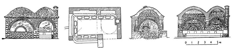 Монастыри в Греции. Прачечная (фасад, план, поперечный и продольный разрезы)