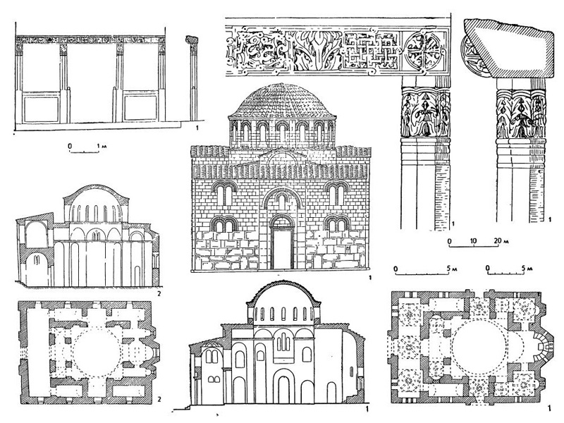 Церкви с куполами на восьми опорах в Греции: 1 — Христиану, XI в. (детали алтарной преграды, западный фасад, разрез и план); 2 — Монемвасия, XII в. (разрез и план)