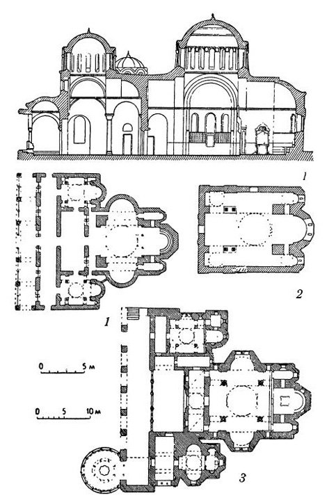 Средневизантийские церкви: 1 — Церковь Католикон в Лавре на Афоне, между 963 и 1060 гг. (план и разрез): 2 — церковь в Фереджик в Македонии, XII в. (план); 3 — церковь монастыря Ватопеда на Афоне (план)
