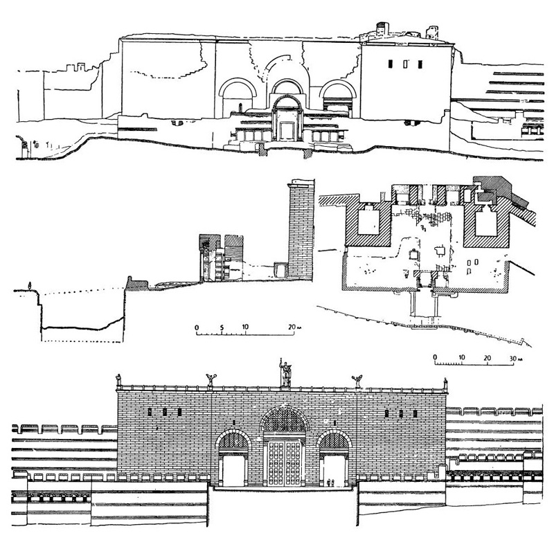 Константинополь. Золотые ворота, 1-я половина V в.: наружный фасад, поперечный разрез, план, наружный фасад в 450 г. (реконструкция)