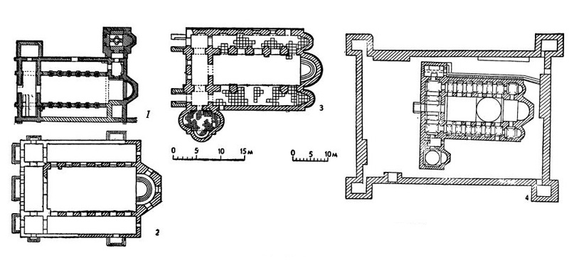 Планы базилик: 1 — на Пириич-тепе близ Варны; 2 — „Старой митрополии“ в Месемврии, вторая половина VI в.; 3 — в Белове, VI а.; 4 — в Пивдопе. VI в. Планы базилик: 1 — на Пириич-тепе близ Варны; 2 — „Старой митрополии“ в Месемврии, вторая половина VI в.; 3 — в Белове, VI а.; 4 — в Пивдопе. VI в.