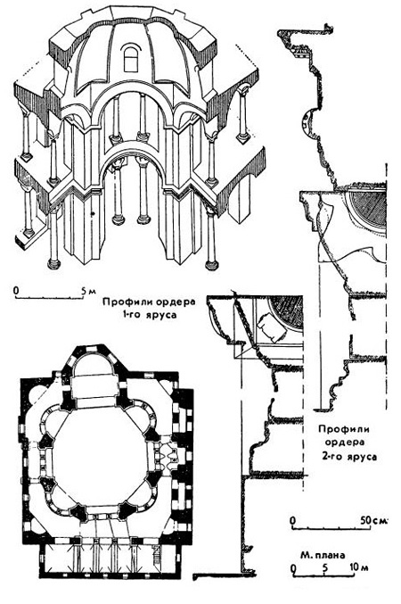 Константинополь. Церковь Сергия и Вакха, 527 г.: аксонометрический разрез, план, детали