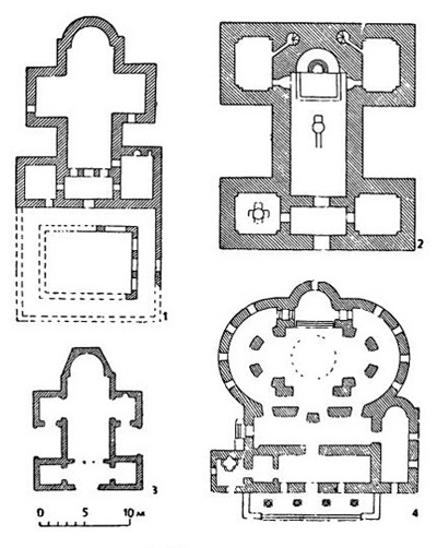Планы церквей: 1 — в с. Иваияне, V—VI в.; 2 — на Джанавар-тепе близ Варны, V—VI в.; 3 — в Клисекьой. V в.; 4 — „Красной церкви“ в Перуштице VI в. Планы церквей: 1 — в с. Иваияне, V—VI в.; 2 — на Джанавар-тепе близ Варны, V—VI в.; 3 — в Клисекьой. V в.; 4 — „Красной церкви“ в Перуштице VI в.