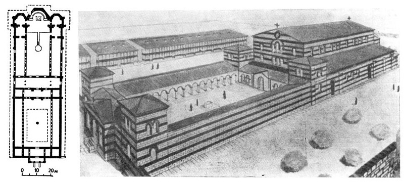 Плиска. «Большая базилика», вторая половина IX в. План и реконструкция внешнего вида