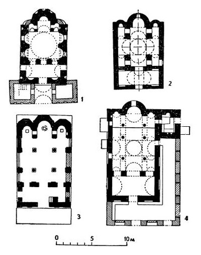 Планы церквей: 1 — купольной в Винице, X в.; 2 — четырёхстолпной в Преславе, X в.; 3 — в Германе, 1006 г.; 4 — Петра и Павла в Тырнове. XIV в.