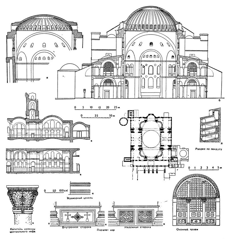Константинополь. Собор Софии: а — реконструкция первоначального купола (разрез); б — поперечный разрез; в — продольные разрезы южного бокового нефа с видом на юг (по нижнему ярусу и на уровне хор); г — план на уровне хор; д — разрез северо-западного пандуса, ведущего на хоры; е — детали