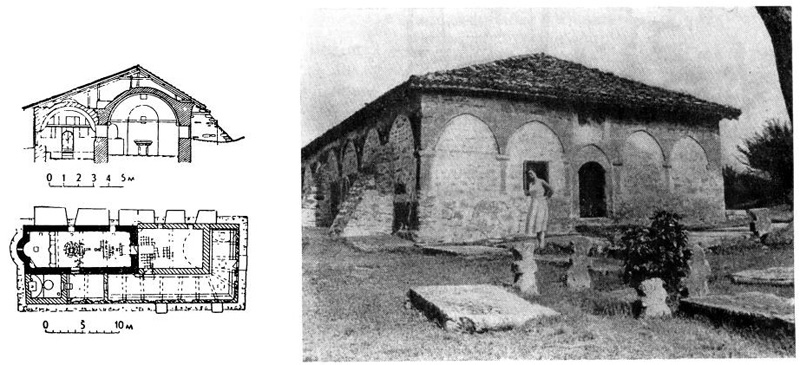 Село Арбанаси. Церковь Рождества Христова, начало XVII в. Общий вид, разрез, план Село Арбанаси. Церковь Рождества Христова, начало XVII в. Общий вид, разрез, план