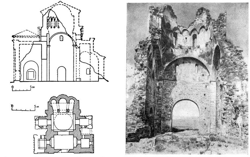 Джурджеви Стубови в Расе. Церковь, 2-я половина XII в. Вид на западную стену изнутри, план, разрез
