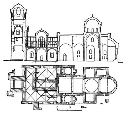 Жича. Церковь, начало XIII в. Разрез, план