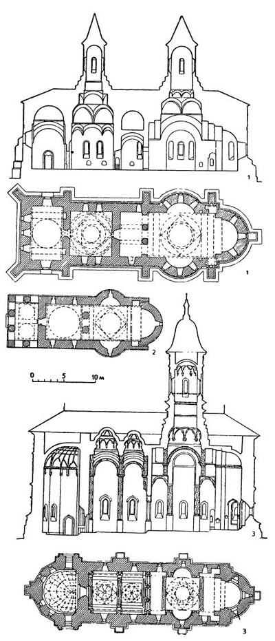Церкви рубежа XVI и XVII вв.: 1 — Яссы. Церковь монастыря Галата (план и разрез); 2 — церковь в Ароняну. 1594 г. (план); 3 — монастырь Драгомирна. Церковь, 1610 г. (разрез и план) Церкви рубежа XVI и XVII вв.: 1 — Яссы. Церковь монастыря Галата (план и разрез); 2 — церковь в Ароняну. 1594 г. (план); 3 — монастырь Драгомирна. Церковь, 1610 г. (разрез и план)
