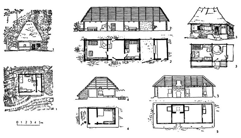 Характерные типы крестьянских домов: 1 — дом в селе Буздулар-Хунедоара (Трансильвания); 2 — дом в селе Извоаре-Аюд (Трансильвания); 3 — дом в селе Илва Мике-Клуж (Трансильвания) 4 — дом в селе Фиербинци-Бухарест (Валахия); 5 — дом в селе Вынэтори-Бакэу (Молдавия) Характерные типы крестьянских домов: 1 — дом в селе Буздулар-Хунедоара (Трансильвания); 2 — дом в селе Извоаре-Аюд (Трансильвания); 3 — дом в селе Илва Мике-Клуж (Трансильвания) 4 — дом в селе Фиербинци-Бухарест (Валахия); 5 — дом в селе Вынэтори-Бакэу (Молдавия)