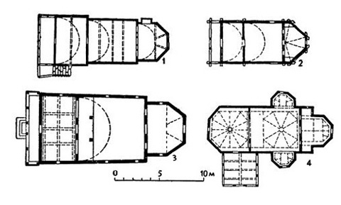 Характерные типы планов деревянных церквей: 1 — церковь в селе Грэмешти-Хорезу (Валахия). 1664 г.; 2 — церковь в селе Порчени-Тыргу-Жиу (Валахия), XVII— XVIII вв.; 3 — церковь в селе Сурдешти-Бая Маре (Трансильвания), 2-я половина XVII в.; 4 — церковь в селе Рэпчуни-Бакэу (Молдавия), 1773 г. Характерные типы планов деревянных церквей: 1 — церковь в селе Грэмешти-Хорезу (Валахия). 1664 г.; 2 — церковь в селе Порчени-Тыргу-Жиу (Валахия), XVII— XVIII вв.; 3 — церковь в селе Сурдешти-Бая Маре (Трансильвания), 2-я половина XVII в.; 4 — церковь в селе Рэпчуни-Бакэу (Молдавия), 1773 г.