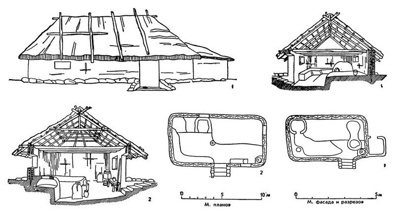 Древнерусское жилище: 1 — реконструкция древнерусского жилища, XI—XII вв. (фасад, разрез и план); 2 — реконструкция древнерусского жилища-мастерской, XI—XII вв. (разрез и план)