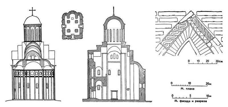 Чернигов. Пятницкая церковь, конец XII — начало XIII в. Восточный фасад, план, продольный разрез, деталь портала
