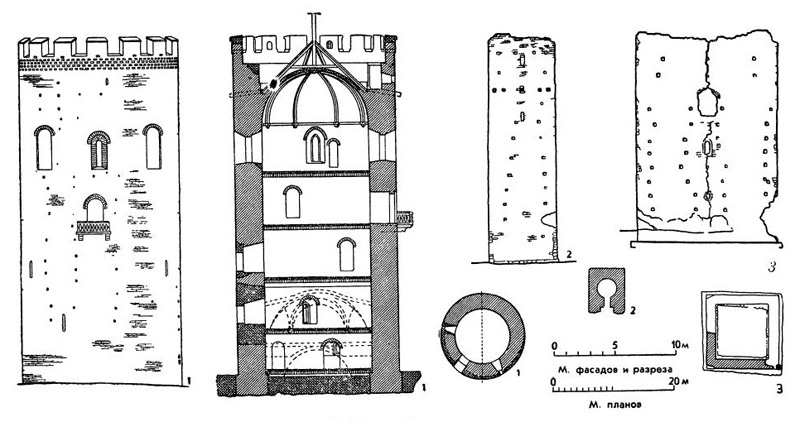 Башни XIII в. 1 — Каменец-Литовский. Белая вежа, конец XIII в. (фасад, разрез и план); 2 — с. Столпье близ г. Холма. Башня, конец XIII в. (фасад и план); 3 — с. Белавино близ г. Холма. Башня, конец XIII в. (фасад и план) Башни XIII в. 1 — Каменец-Литовский. Белая вежа, конец XIII в. (фасад, разрез и план); 2 — с. Столпье близ г. Холма. Башня, конец XIII в. (фасад и план); 3 — с. Белавино близ г. Холма. Башня, конец XIII в. (фасад и план)