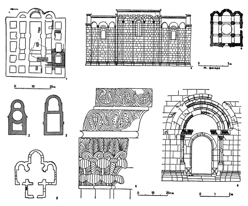 Церкви XII—XIII вв. Галич: 1 — Успенский собор, 1157 г. (план); 2 — Ильинская церковь, XII—XIII вв. (план); 3 — церковь „под Дубравой“, XII—XIII вв. (план); 4 — церковь Пантелеймона, XII в. (восточный фасад, план, западный портал и его деталь); 5 — Львов. Церковь Николая, конец XIII в. (план) Церкви XII—XIII вв. Галич: 1 — Успенский собор, 1157 г. (план); 2 — Ильинская церковь, XII—XIII вв. (план); 3 — церковь „под Дубравой“, XII—XIII вв. (план); 4 — церковь Пантелеймона, XII в. (восточный фасад, план, западный портал и его деталь); 5 — Львов. Церковь Николая, конец XIII в. (план)