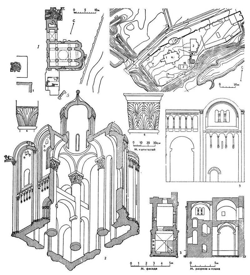 Боголюбово: 1 — план Боголюбова (1 — собор, XIX в.; 2 — новое здание на месте дворца; 3 — Благовещенская церковь, XVII в., перестроена в начале XIX в.; 4 — новые главные ворота); 2 — дворцовый собор Боголюбовского замка (аксонометрия); 3 — лестничная башня Боголюбовского замка (план, разрез, фасад); 4 — капители Боголюбовского замка; 5 — план сохранившихся древних зданий Боголюбово: 1 — план Боголюбова (1 — собор, XIX в.; 2 — новое здание на месте дворца; 3 — Благовещенская церковь, XVII в., перестроена в начале XIX в.; 4 — новые главные ворота); 2 — дворцовый собор Боголюбовского замка (аксонометрия); 3 — лестничная башня Боголюбовского замка (план, разрез, фасад); 4 — капители Боголюбовского замка; 5 — план сохранившихся древних зданий