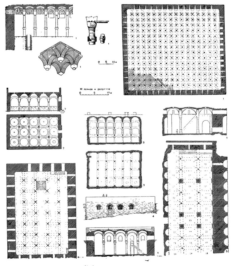 Византийские «цистерны»: 1 — Бин-Бир-Дирек в Константинополе (план, разрез, свод, детали колонны); 2— «цистерна» на о. Хиос (план и разрез); 3 — «цистерна» в Александрии (план и разрез); 4 — «цистерна» около Чукур бостана мечети султана Селима в Константинополе (план, фасад, разрез); 5 — «цистерна» около монастыря Пантократора в Константинополе (план и разрез)
