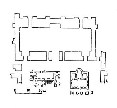 Церковь в Сала в Месопотамии, VII в., и ее древневосточные прототипы: 1 — тронный зал царского дворца в Вавилоне; 2 — приемная комната дома в Уре. в Месопотамии; 3 — церковь в Сала