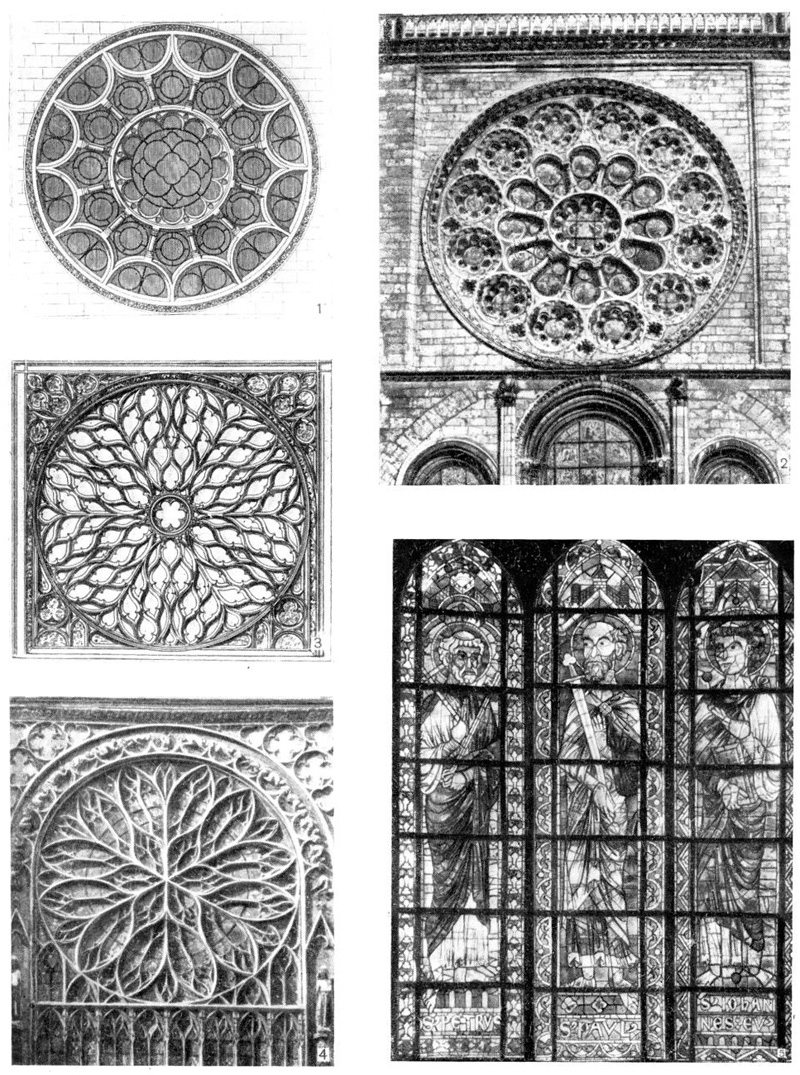 Готические окна: 1 — окно-роза собора в Лане; 2 — окно-роза Шартрского собора; 3 — окно-роза церкви Сент-Шапель в Париже; 4 — окно-роза собора в Амьене; 5 — витраж собора в Бурже: верхнее окно апсиды (апостолы Петр, Павел, Иоанн)