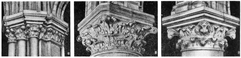 Париж. Собор Парижской богоматери. Капители: а — опоры на галерее; б, в — столбы среднего нефа