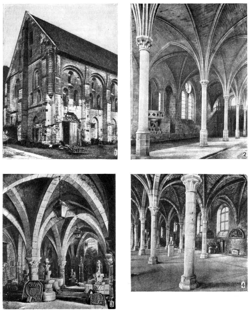 Аббатство Воклер (близ Лана), амбар, XIII в. (1); аббатство Ройомон, трапезная, 1250 г. (2); Провен, амбар, склад церковной десятины, конец XII в. (3); аббатство Сен Бенин, начало XIII в. (4)