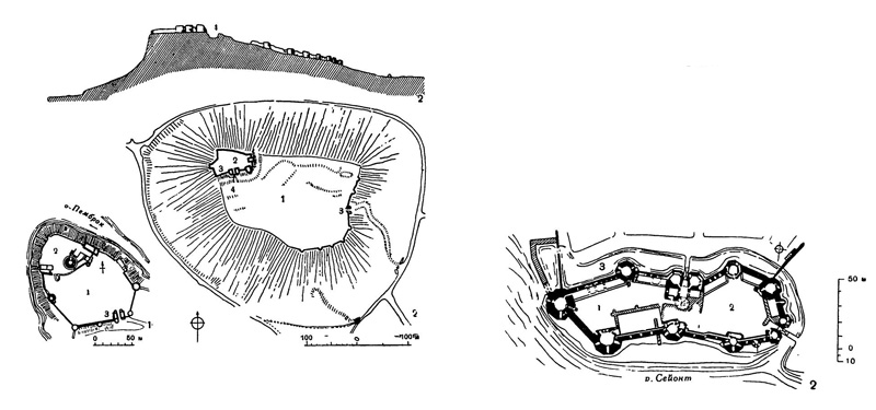 Замки: 1 — Пемброк, около 1200 г.; 2 — Бестон, около 1225 г. (1 — внешний двор; 2 — внутренний двор; 3 — ворота; 4 — ров) Замки: 1 — Пемброк, около 1200 г.; 2 — Бестон, около 1225 г. (1 — внешний двор; 2 — внутренний двор; 3 — ворота; 4 — ров)
