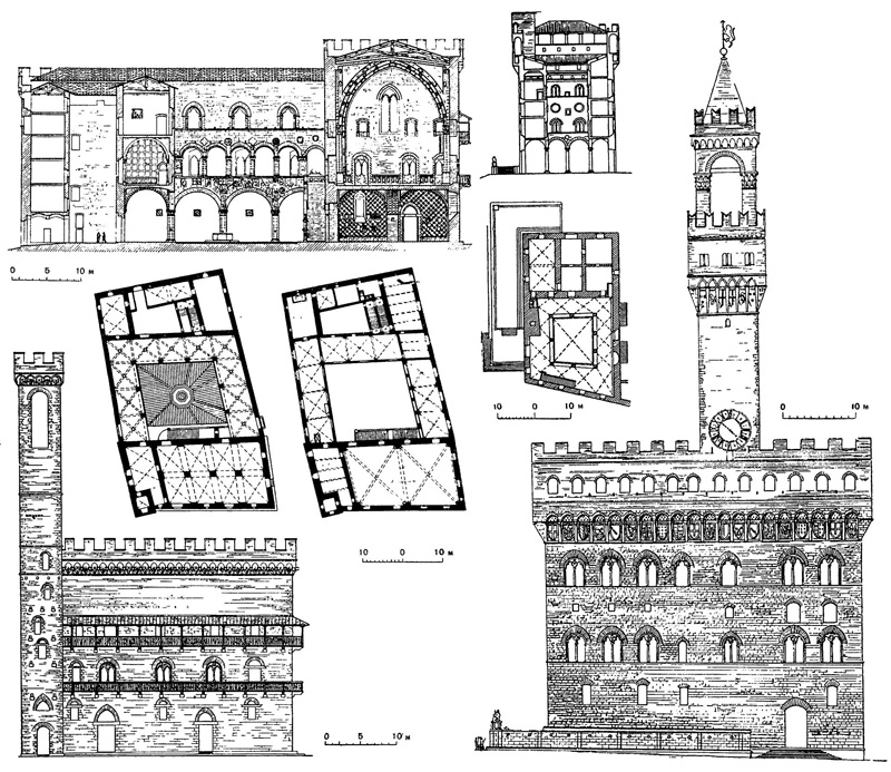 Флоренция. Палаццо дель Подеста (Борджелло). 1254—1285 гг. / Флоренция. Палаццо делла Синьория (палаццо Веккио), 1298—1314 гг., арх. Арнольфо ди Камбио