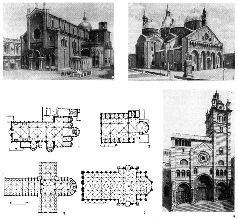 Венеция. Церковь Сан Джованни э Паоло, 1246—1430 гг. (1); Тоди. Церковь Сан Фортунато, 1292—1301 гг. (2); Болонья. Церковь Сан Петронио, начата в 1390 г., арх. Антонио ди Виченце (3); Падуя. Церковь СантАнтонио (иль Санто), 1232—1350 гг. (4); Генуя. Собор, XIII в. (5); Милан. Собор, начат в 1386 г. (6)