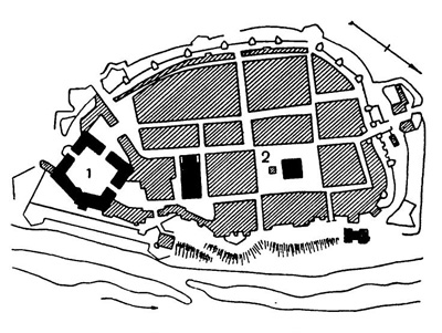 Варшава. Средневековый план города: 1 — замок; 2 — город XIII — XV вв.