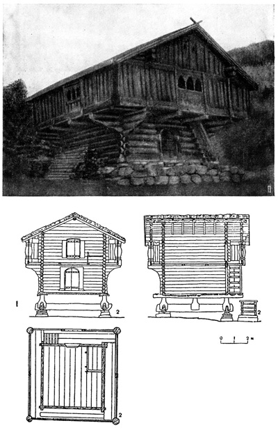 Оль. Амбар, около 1350 г. (1); Твейто. Амбар, XIV в. (2)
