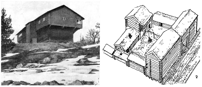 Урнэс (Даларна). Урнэсстуга, до 1520 г. (1); Схематическое изображение средневековой шведской крестьянской усадьбы (2)