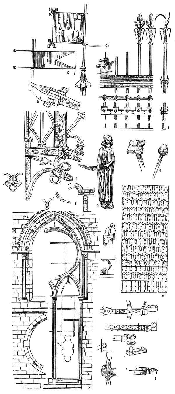 Строительное применение металла: 1 — решётки; 2 — флюгеры; 3 — соединение чекой; 4 — гвозди; 5 — оконный переплет; 6 — обивка двери листовым железом; 7 — дверные петли Строительное применение металла: 1 — решётки; 2 — флюгеры; 3 — соединение чекой; 4 — гвозди; 5 — оконный переплет; 6 — обивка двери листовым железом; 7 — дверные петли